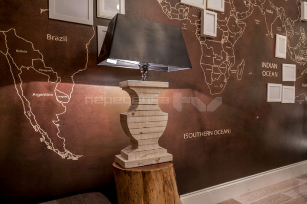 Интерьер гостиной 18 кв. м. с картой мира для путешественников